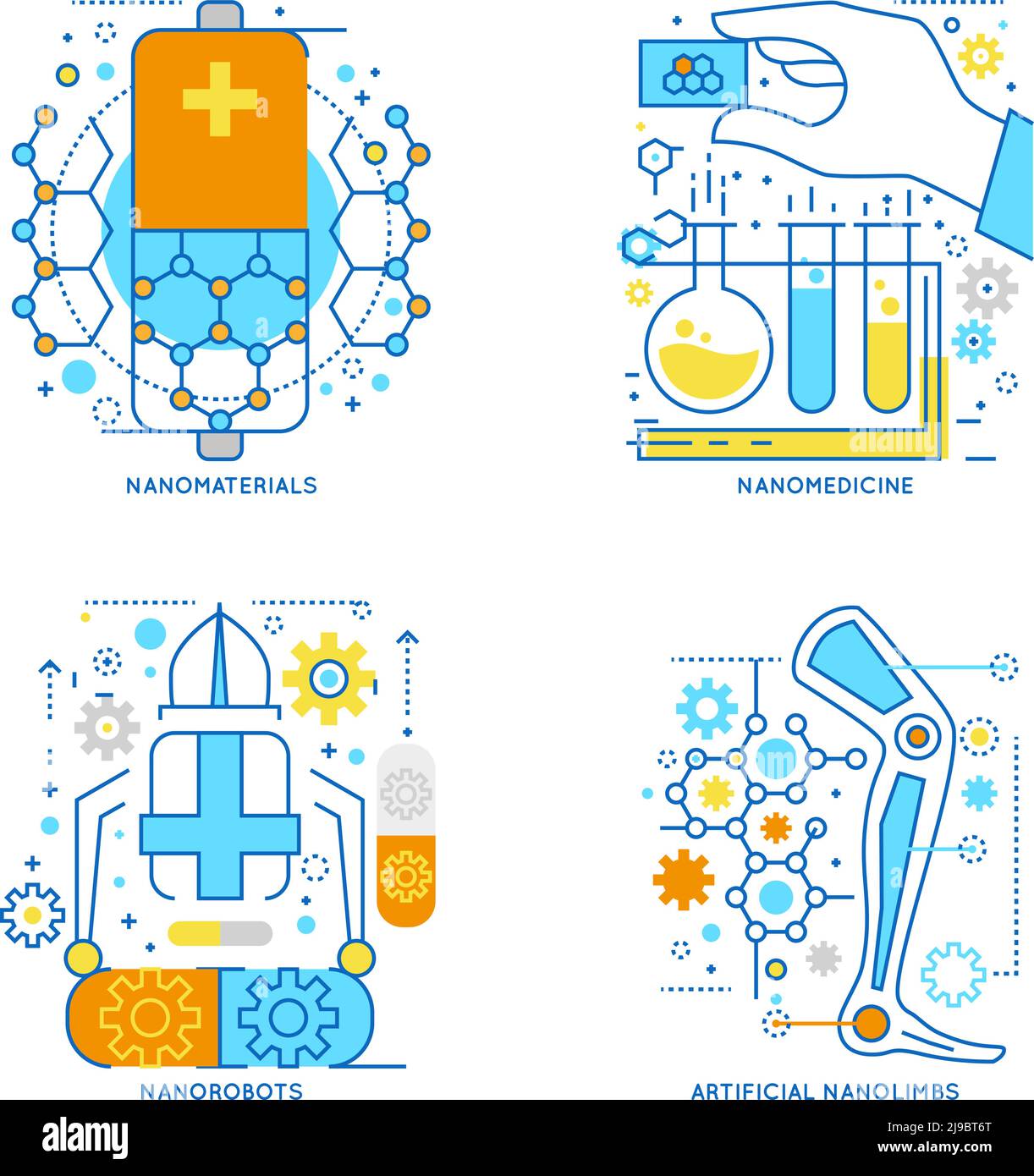 Nanotechnologie farbige lineare Kompositionen einschließlich innovativer Materialien und medizinische Behandlung Roboter und künstliche Gliedmaßen isoliert Vektor illustrati Stock Vektor