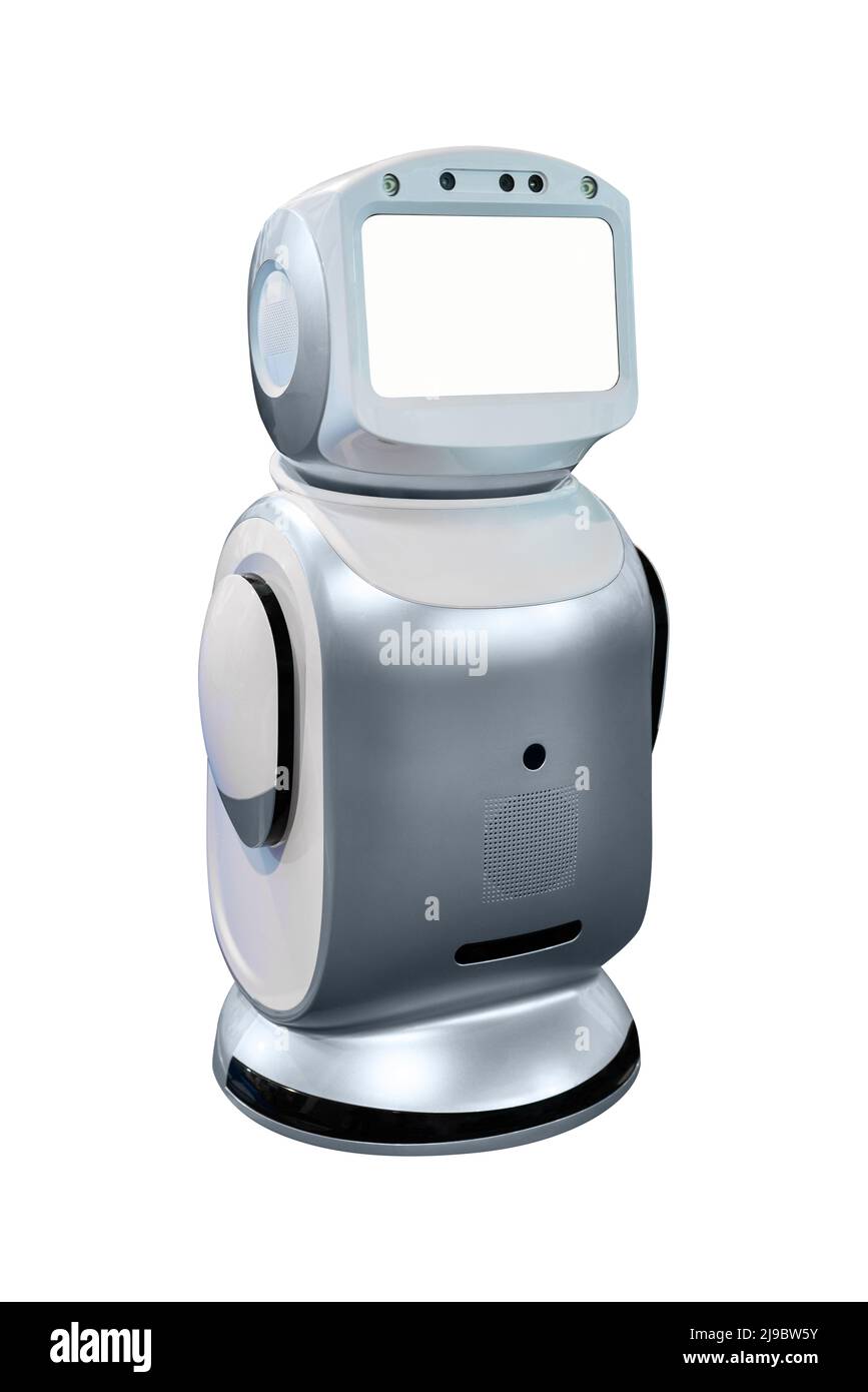 Roboter mit einem leeren Bildschirm, der auf weißem Hintergrund isoliert ist Stockfoto