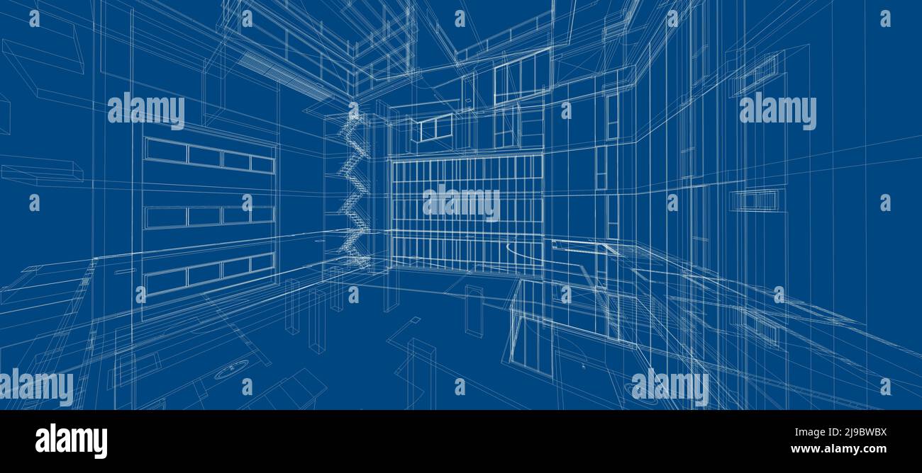 Smart Building Automation System digital intelligent Technology abstrakt Hintergrund Architektur 3D Drahtgestell-Konstruktion auf blauem Hintergrund Stockfoto