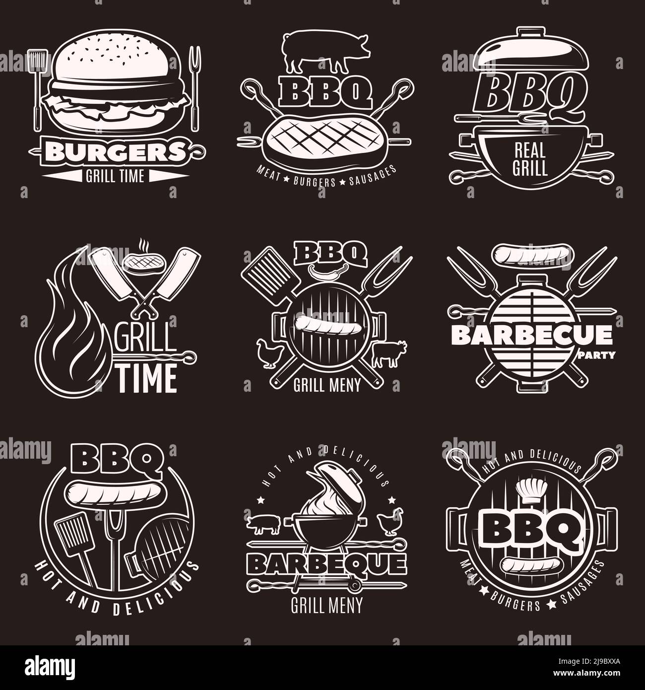 Weiß auf schwarzem Grill isoliert Embleme Set mit Grill Und Bratpfanne mit Lebensmittelsymbolen Vektorgrafik Stock Vektor