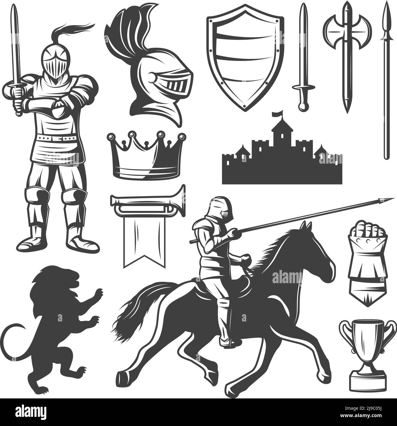 Ritter monochrome Elemente mit mittelalterlichen Burg heraldischen Symbolen gepanzert Krieger eingefasst Waffe isoliert Vektor-Illustration Stock Vektor