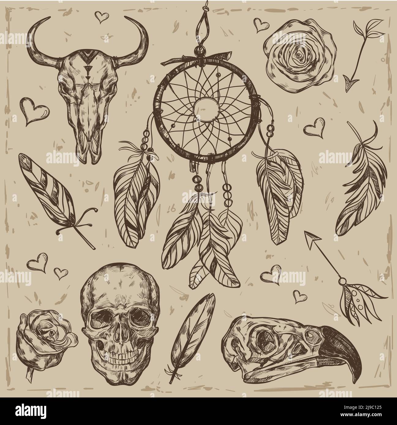 Totenkopf Boho Tattoo Set mit Dreamcatcher in der Mitte und Kleine Hand gezeichnete Herzen um Vektor-Illustration Stock Vektor