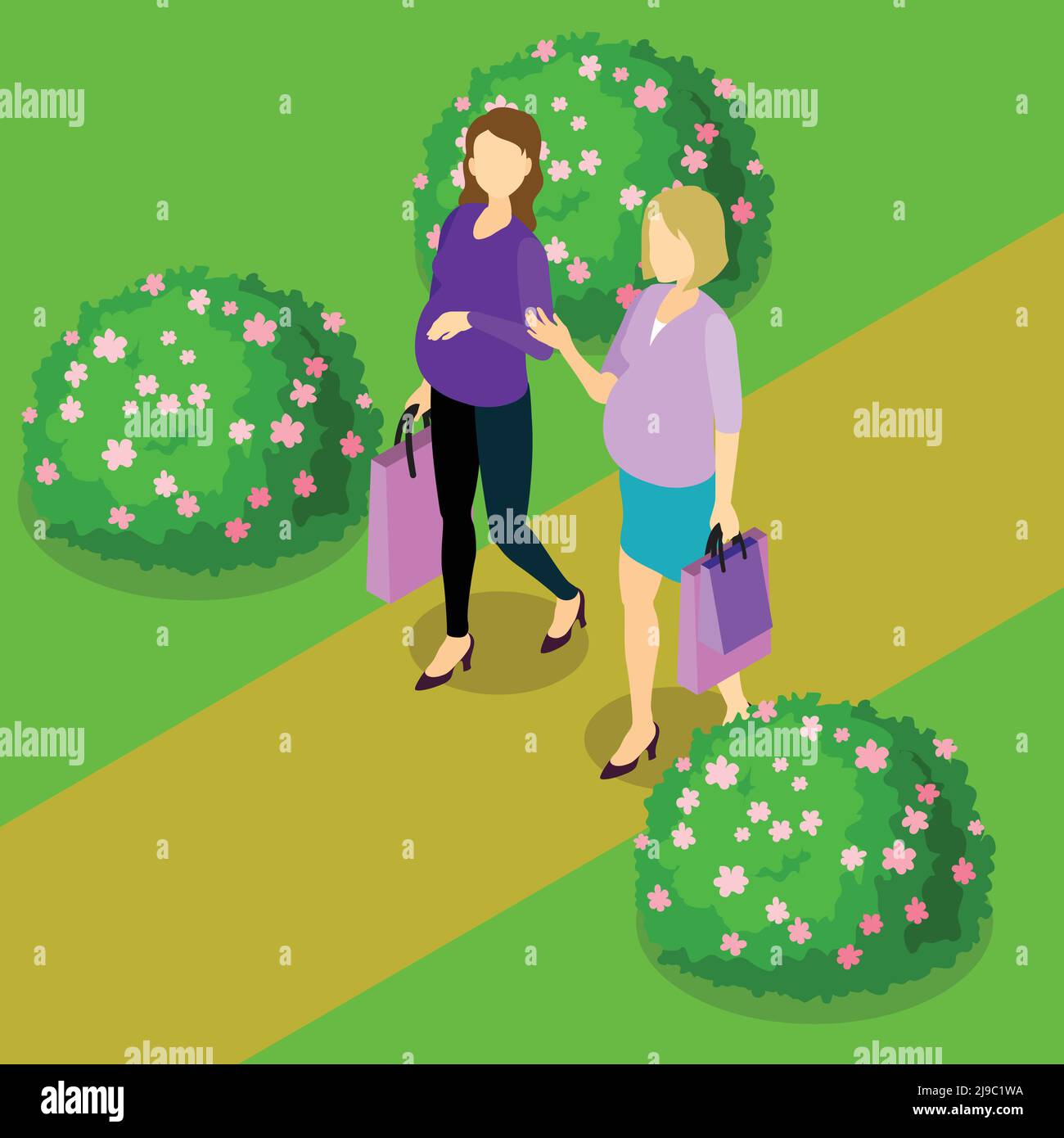 Schwangere Frauen isometrische Zusammensetzung mit zwei Freunden zu Fuß nach dem Shop Besuchen Sie auf natürliche Landschaft Hintergrund Vektor Illustration Stock Vektor