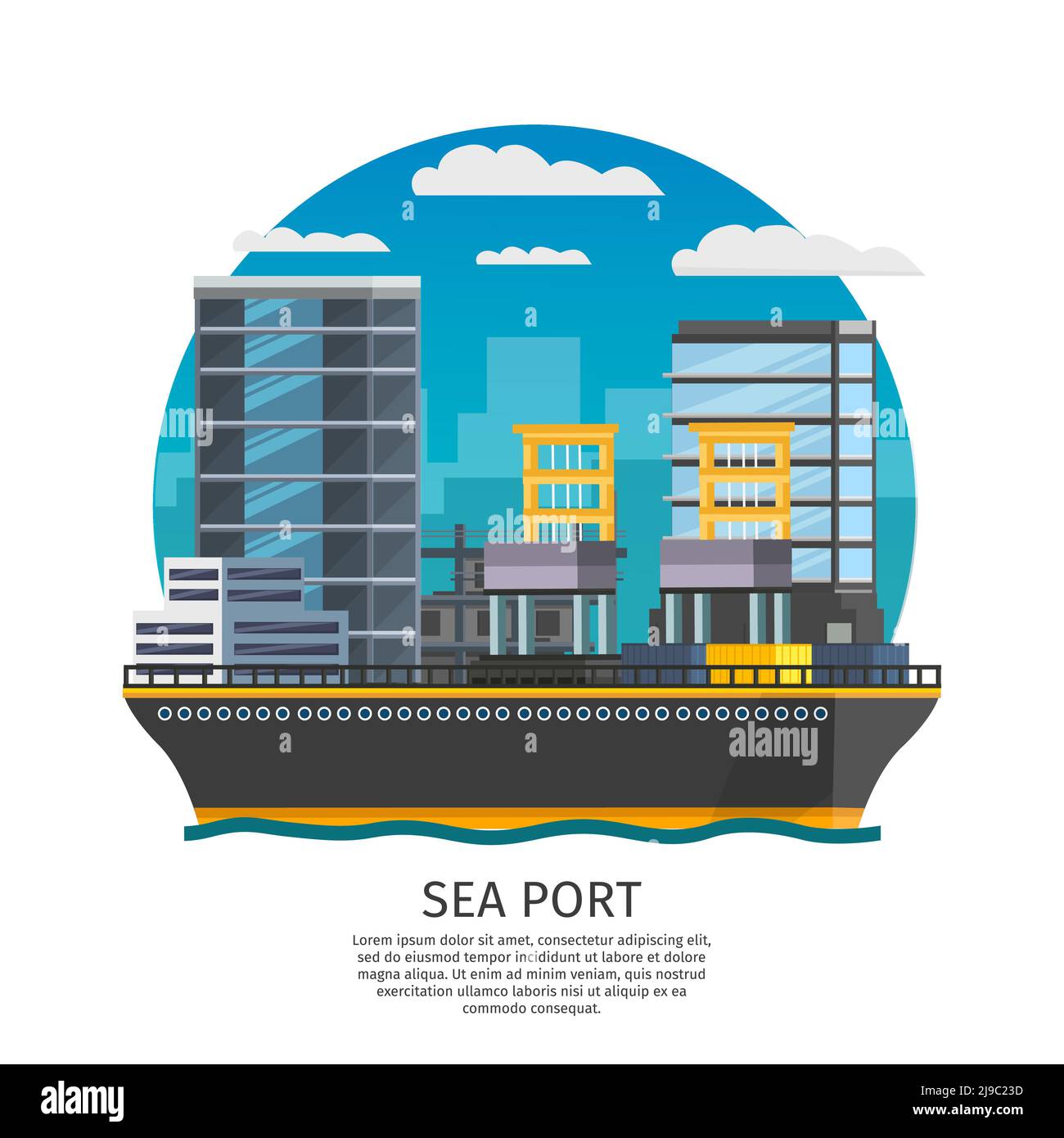 Seehafen- und Frachtsbootdesign einschließlich Hafenanlagen und Stadt moderne Gebäude Vektor-Illustration Stock Vektor