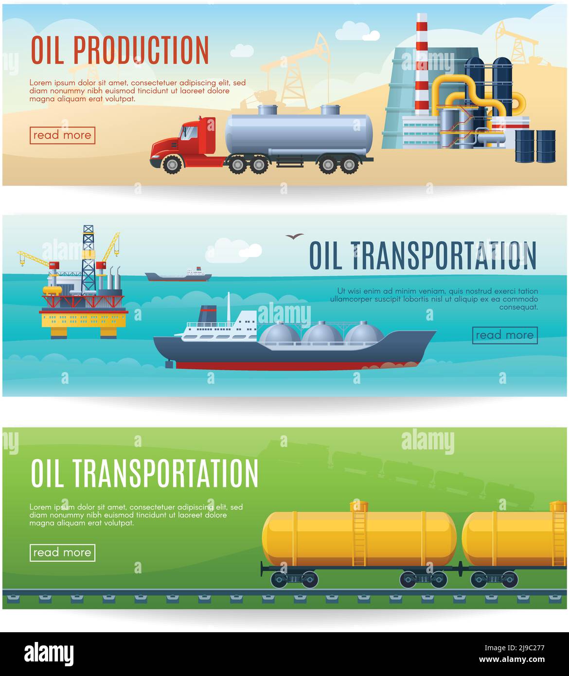 Drei horizontale Banner mit Comic-Bildern von Wüstenmeer gesetzt Und Eisenbahn-Industrielandschaften Kraftstoff Transport Vektor Illustration Stock Vektor