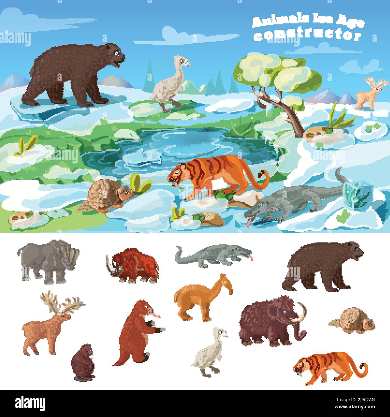 Tiere Eiszeit Konzept mit Wildlife Design und Satz von Bestien der prähistorischen Zeit isoliert Vektor-Illustration Stock Vektor