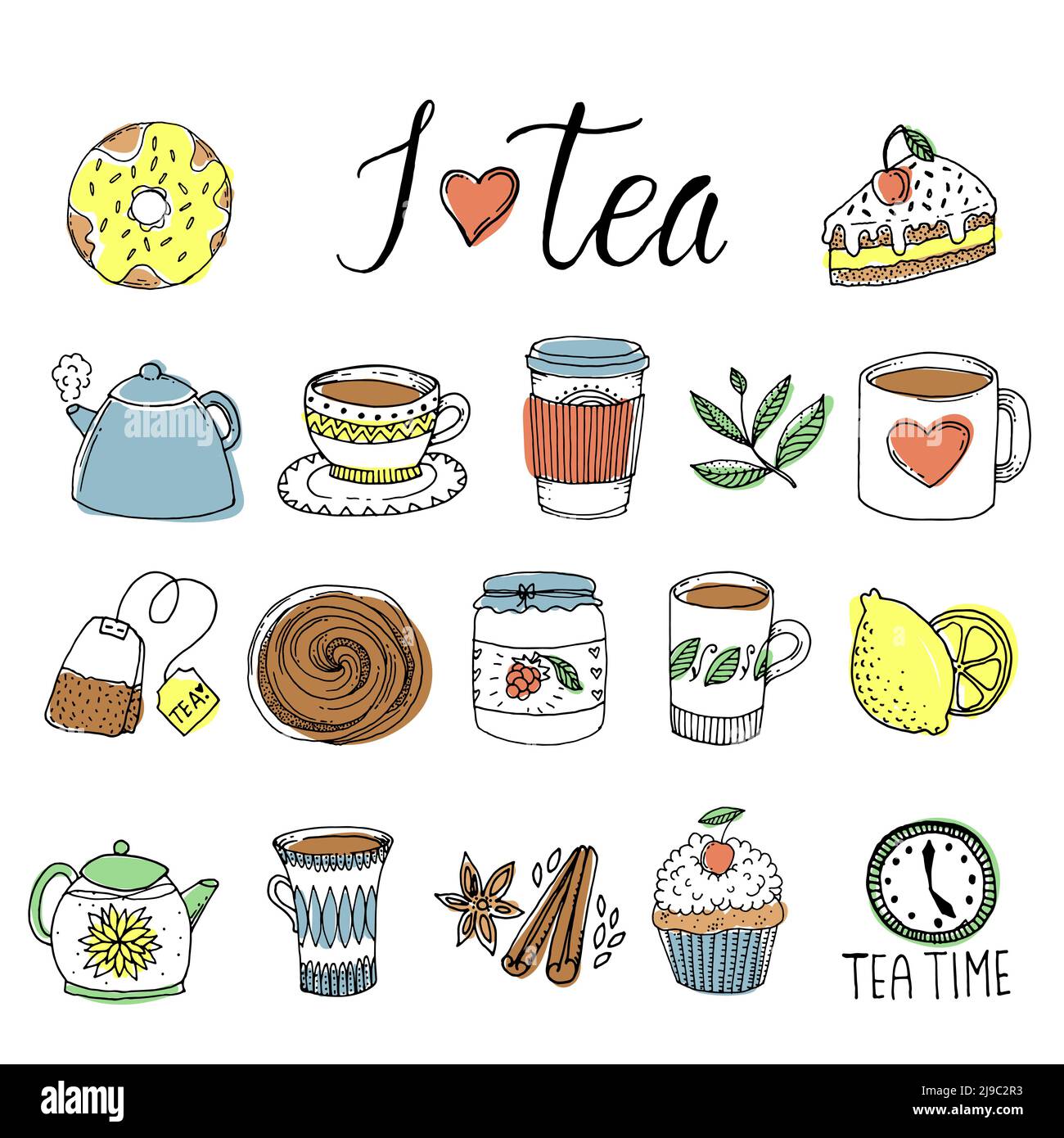 Handgezeichnete Teelemente mit grünen Blättern und Gewürzen Tassen und Töpfe Süßigkeiten isoliert Vektor-Illustration Stock Vektor