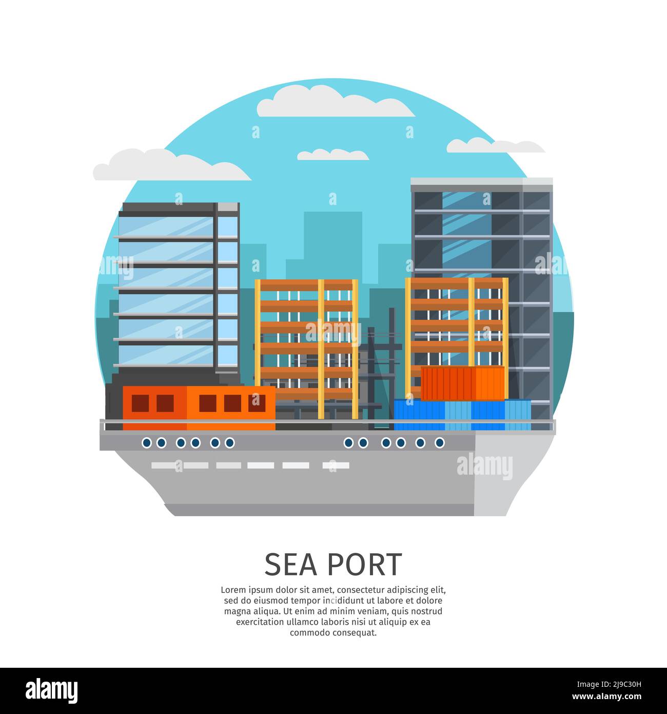 Rundes Design des Seehafens mit Kahn und Lagereinrichtungen Stadtgebäude Hintergrund orthogonale Vektor-Illustration Stock Vektor