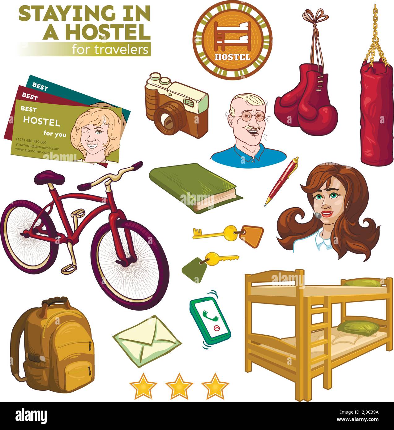 Hostel Elemente mit Betten Schlüssel und Visitenkarten Tourist Und Sportgeräte Personal isoliert Vektor Illustration Stock Vektor