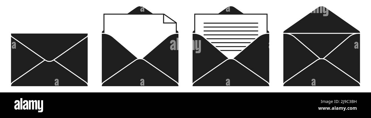 Vektor für schwarzes Kuvertsymbol festgelegt. Symbole für E-Mails, Briefe oder Dokumente, die auf weißem Hintergrund isoliert sind. Stock Vektor