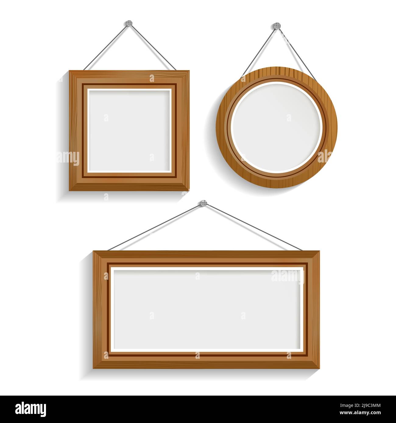 Set von drei realistischen Luxus-Innenrahmen in unterschiedlicher Form Aus dunklem Holz an der Wand mit isolierten Schatten vektorgrafik Stock Vektor
