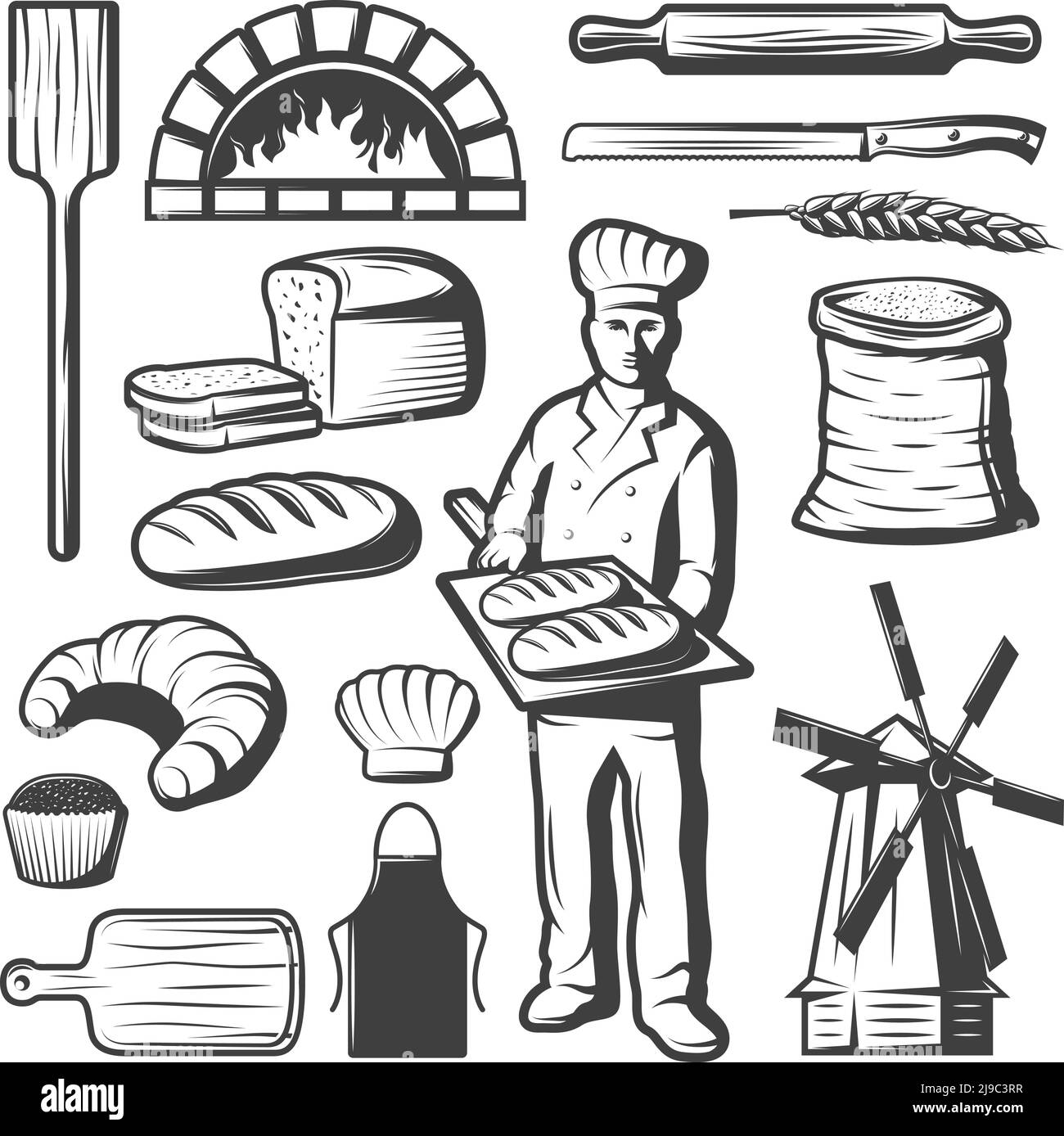 Set von isolierten monochromen Bäckereielementen im Vintage-Stil gezeichnet Mit Backwaren und Mühle Symbole Vektor-Illustration Stock Vektor
