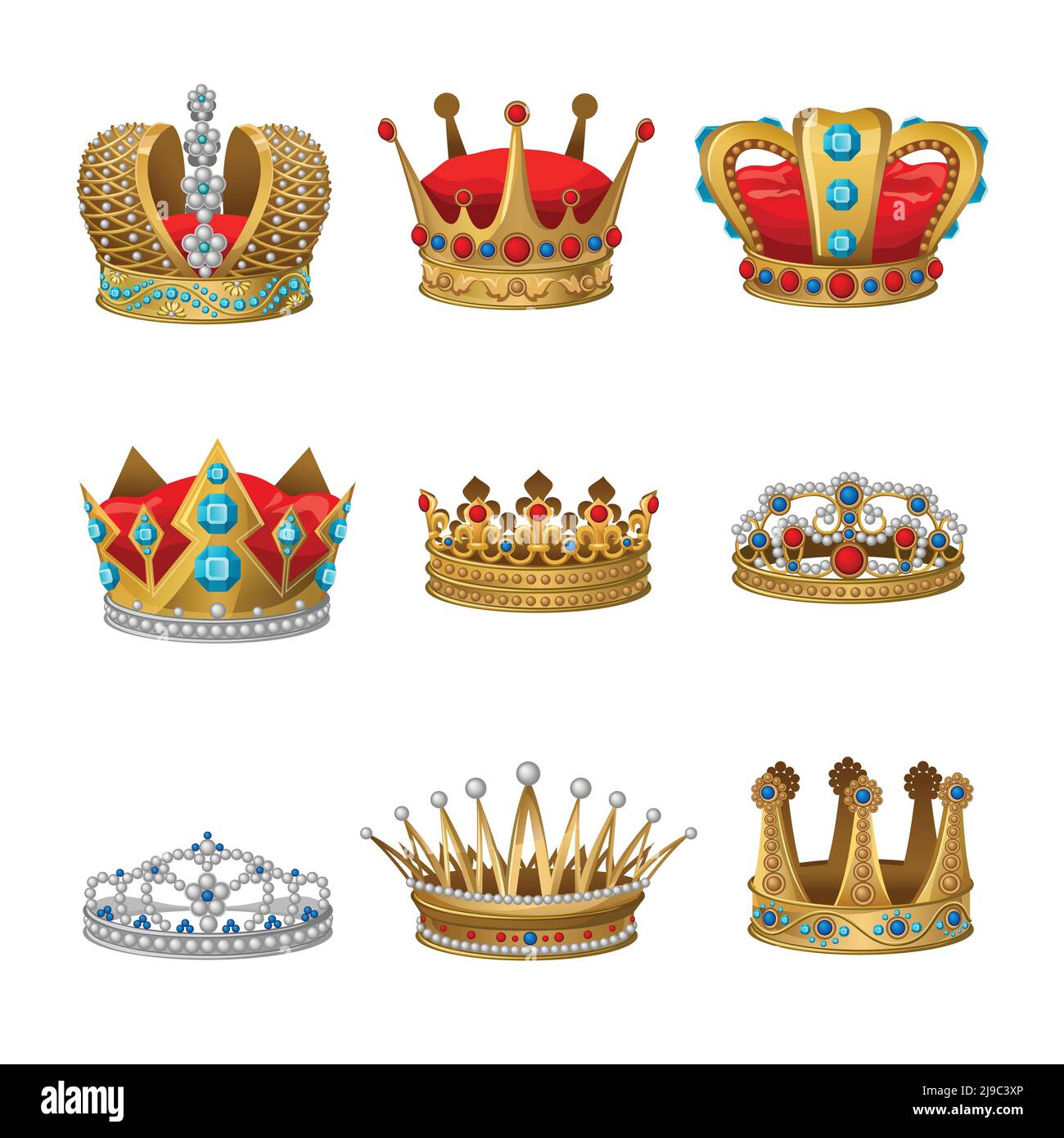 Crown Icon Set mit isolierten Elementen und Zubehör für Prinzen Könige und Prinzessinnen Vektorgrafik Stock Vektor