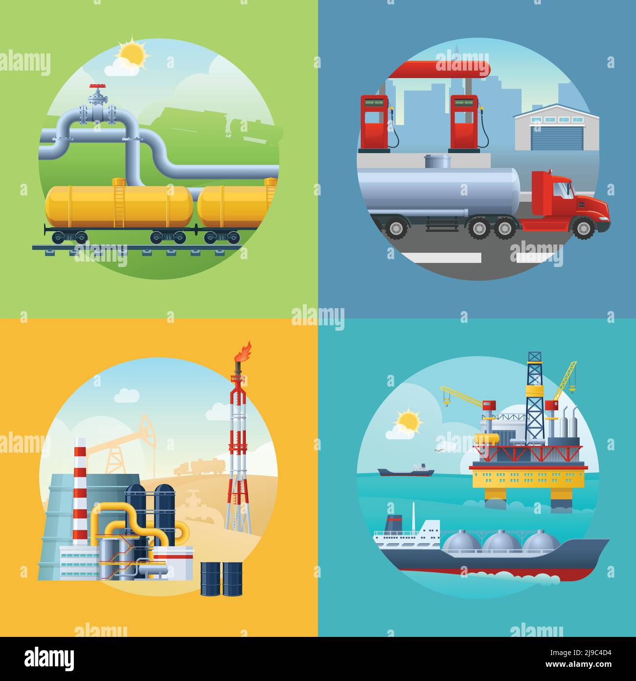 Quadratische Zusammensetzung mit Öl-Industrie-Symbole in kreisförmigen Landschaft Und Kraftstoff Transport Fahrzeuge Symbole Vektor-Illustration Stock Vektor