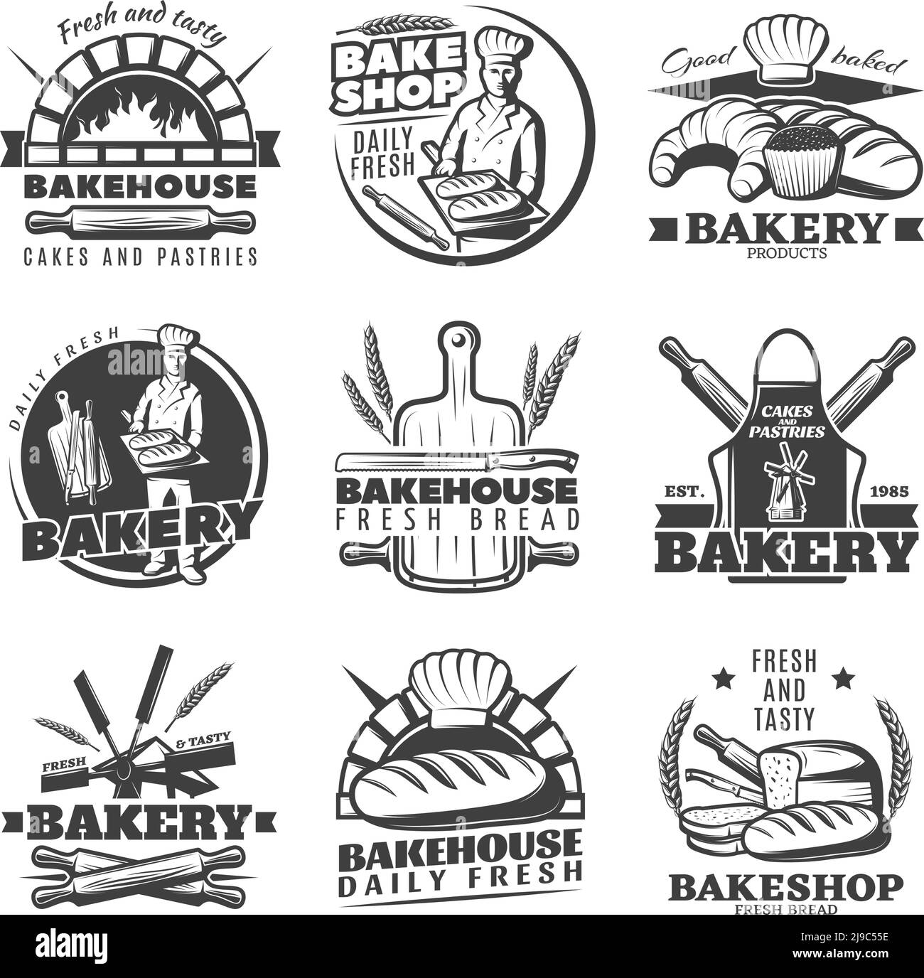 Set aus neun isolierten monochromen Etiketten für die Bäckerei mit Verschiedene Backwaren und Gebäck Symbole Vektor-Illustration Stock Vektor