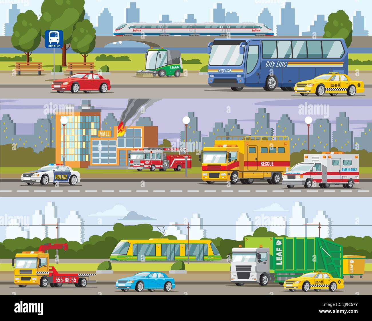 Moderne Stadtverkehr horizontale Banner mit kommunalen und öffentlichen Verkehrsmitteln Und Fahrzeuge Vektordarstellung Stock Vektor