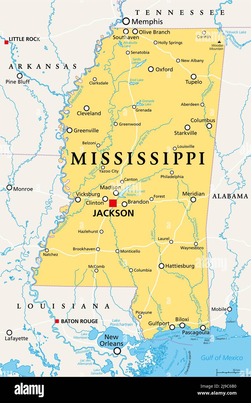 Mississippi, MS, politische Karte, mit Hauptstadt Jackson, wichtige Städte, Flüsse und Seen. Staat in der südöstlichen Region der Vereinigten Staaten. Stockfoto