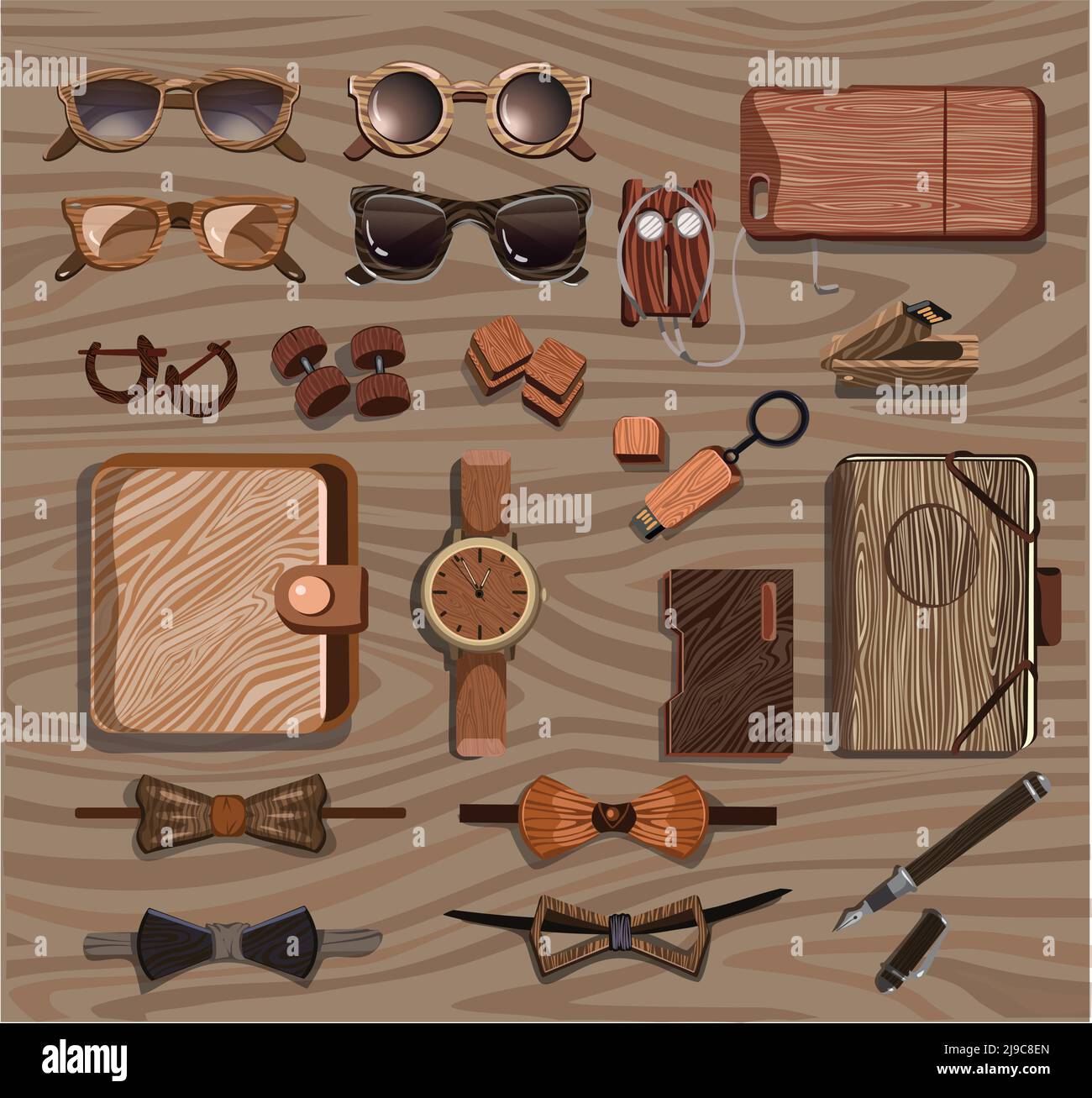 Hipster Wooden Accessoires Kollektion mit Brillenetui für Geräte Manschettenknöpfe Flash-Laufwerk Uhr Stift Bogen Krawatten Kopfhörer isoliert Vektor Illustration Stock Vektor