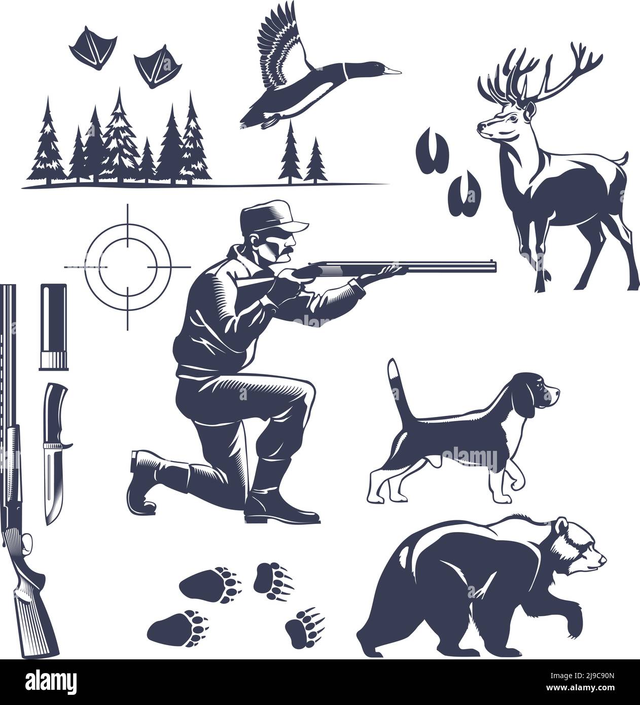 Jagd-Ikonen mit Shooter und Hund Tier und Spuren gesetzt Tannenwald Vintage Stil isoliert Vektor Illustration Stock Vektor