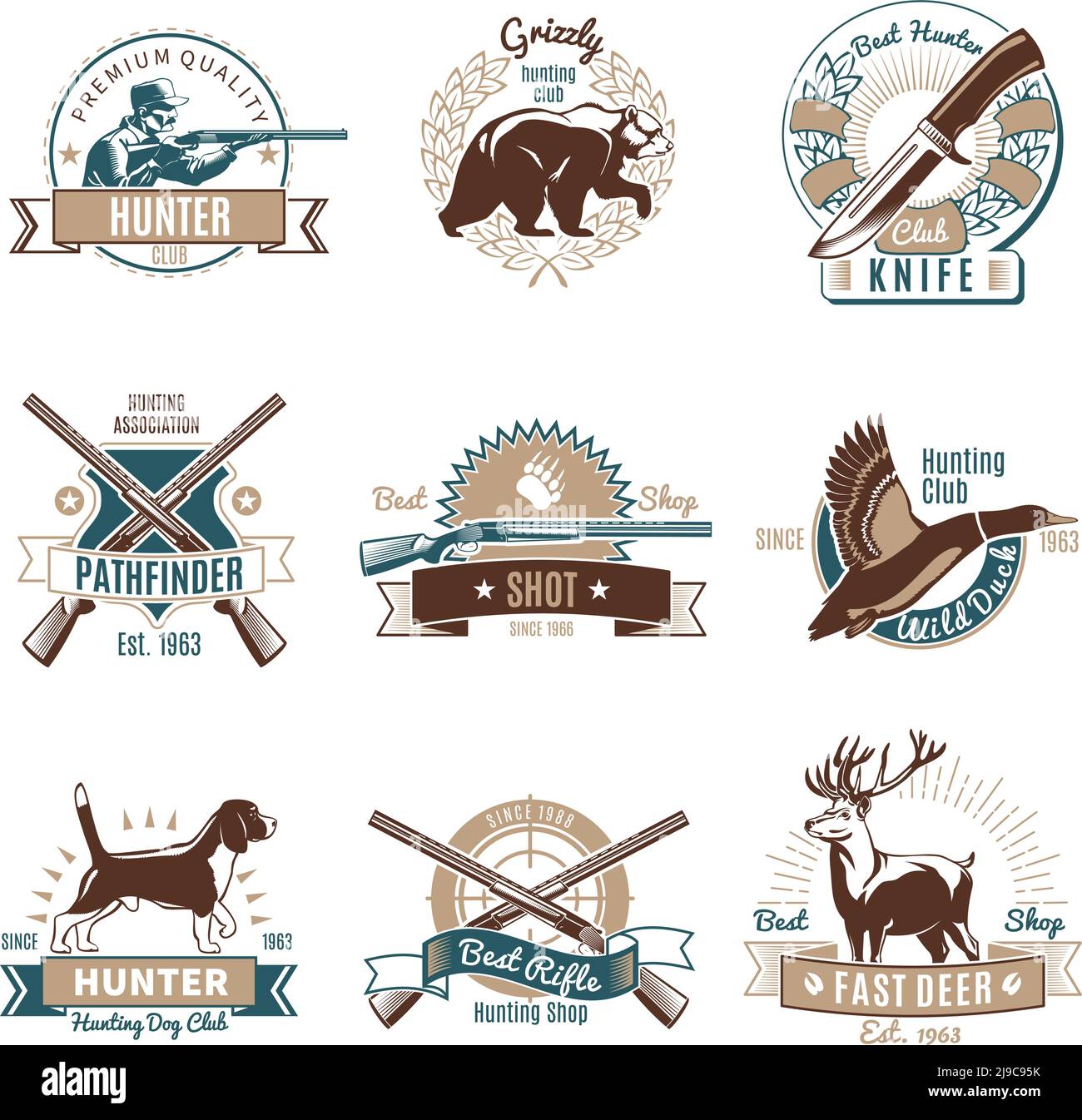 Set von neun isoliert Jagd alten Schule Stil Embleme in Farbe mit Tieren Waffen und Text Vektor Illustration Stock Vektor