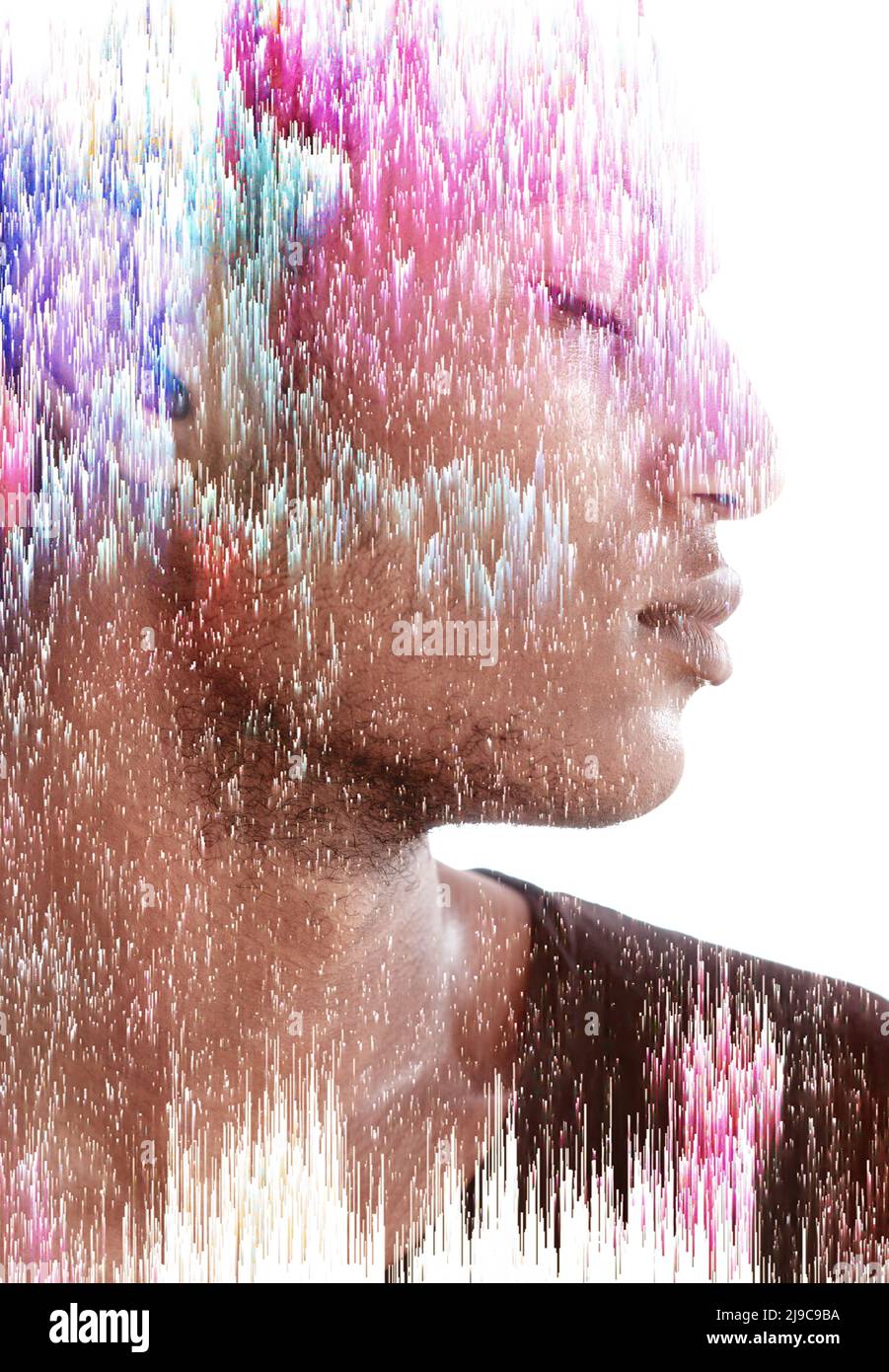 Pixelsort-Effekt kombiniert mit einem Porträt eines Mannes Stockfoto
