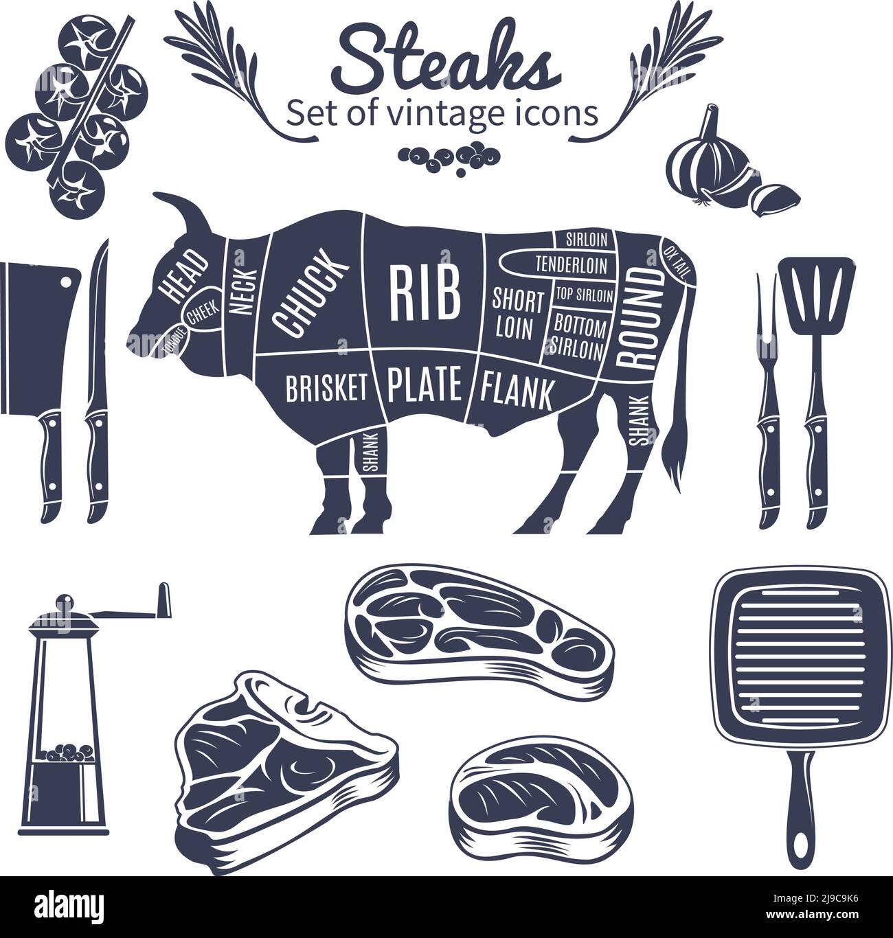 Steaks Symbole mit Metzgerei Schema der Kuh Kochwerkzeuge gesetzt Und Gemüse Vintage-Stil isoliert Vektor-Illustration Stock Vektor