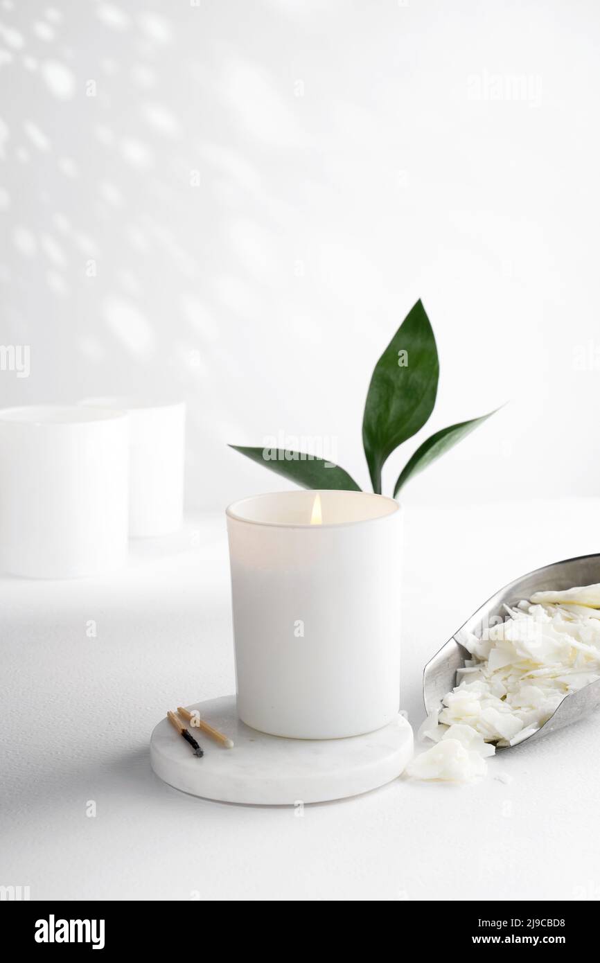 Sojawachskerze in einem weißen Keramikglas und grünes Blatt, Pflanze auf weißem Hintergrund. Natürliche umweltfreundliche Bio-Wachskerzen. Trendiges Konzept. Stockfoto