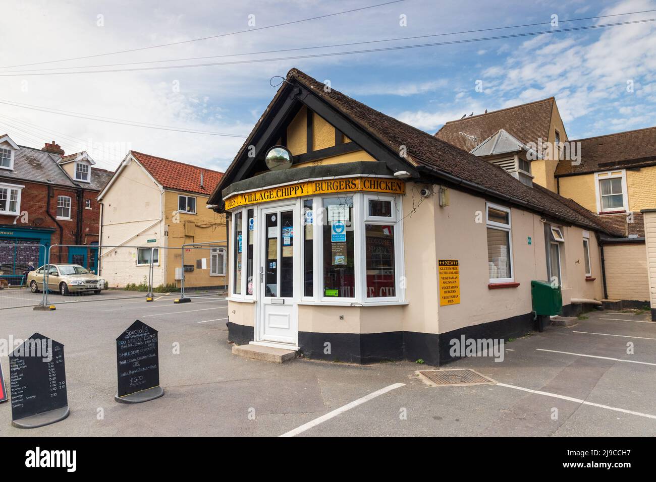 Außenansicht von Mundesley Village Chippy, Chip Shop in North Norfolk in Großbritannien Stockfoto