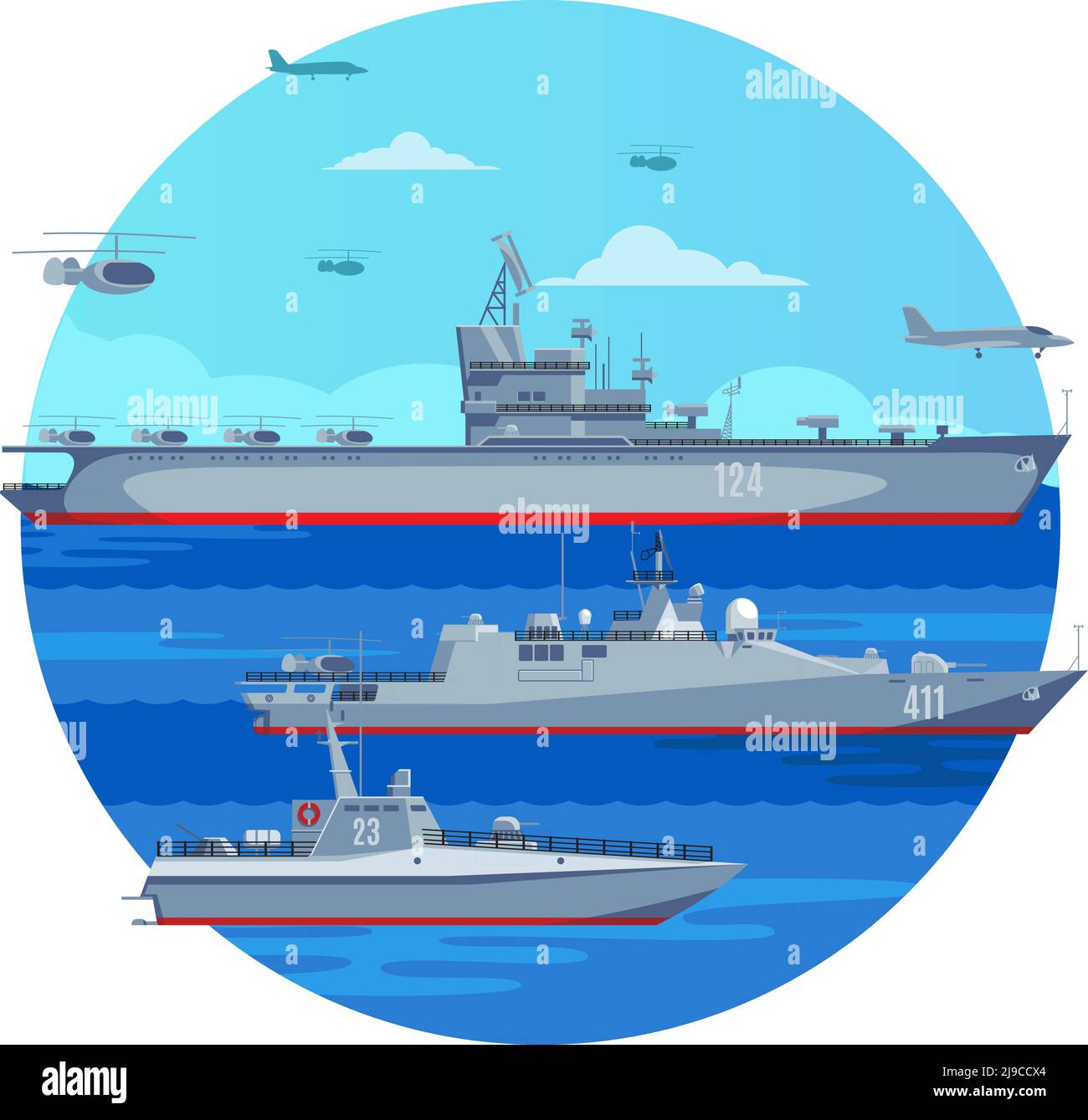 Marine Schlacht Flottenkonzept mit Flugzeugträger Marineboot Fregatte Flugzeuge und Hubschrauber Vektor-Illustration Stock Vektor