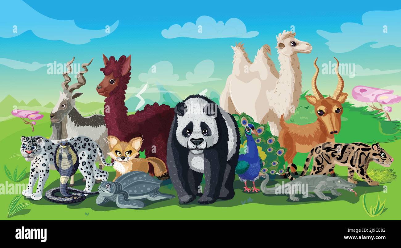 Cartoon asiatische Tiere Vorlage mit Säugetieren Reptilien und Pfau auf Vektorgrafik Natur Landschaft Stock Vektor