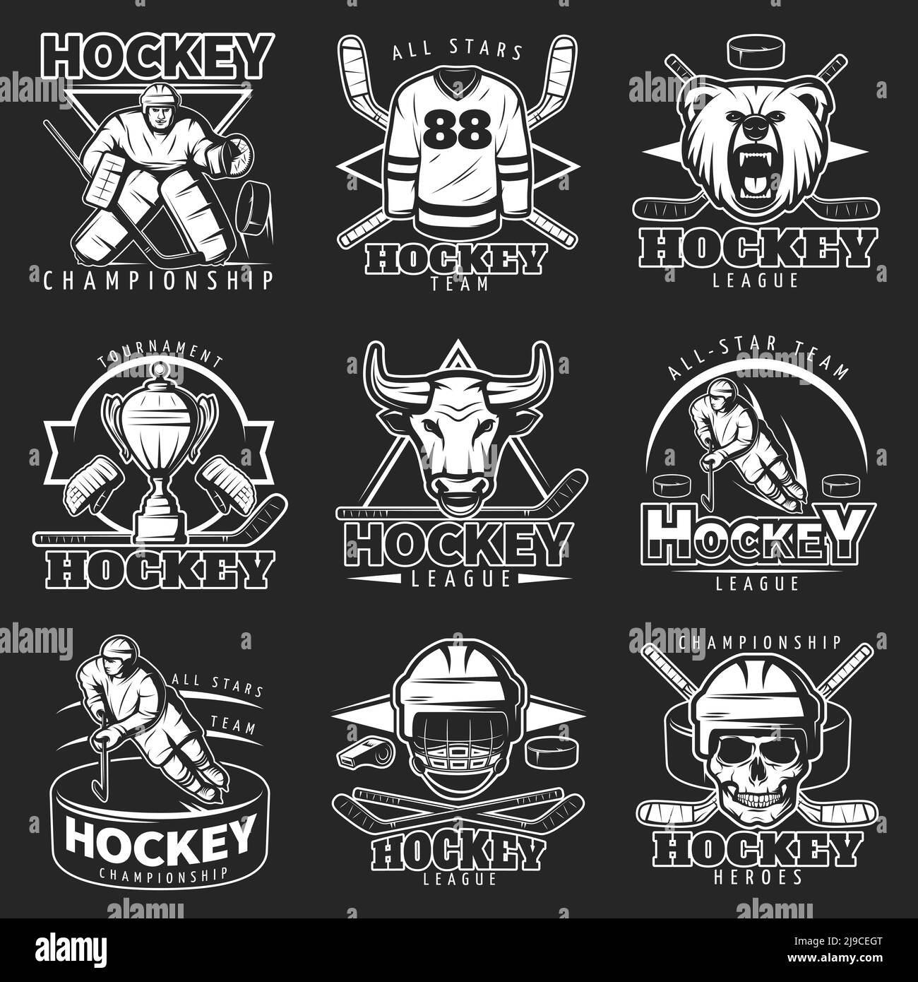Monochrome Hockey-Labels setzen isoliertes Weiß auf dunklen Hintergrund mit Schädel in Helm Kaman und Puck Vektor Illustration Stock Vektor