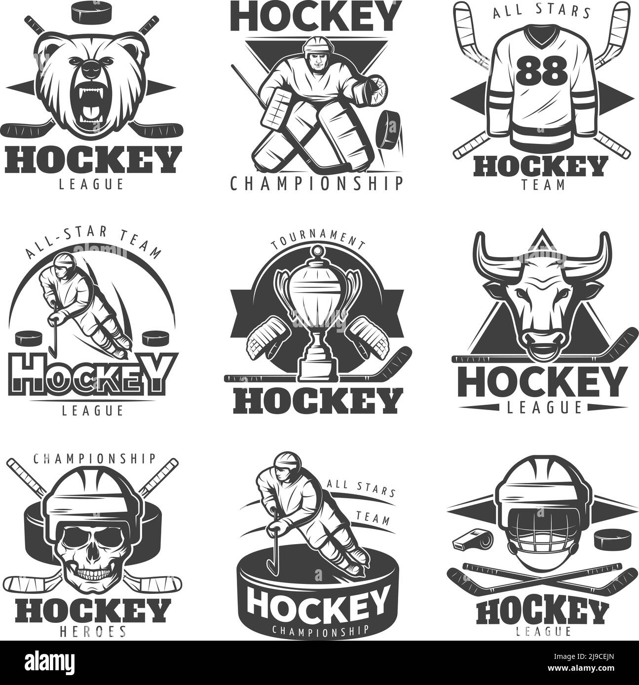 Isolierte monochrome Hockey-Embleme mit Team Maskottchen Sportausrüstung Und Player dekorative Symbole mit Text Vektor Illustration Stock Vektor