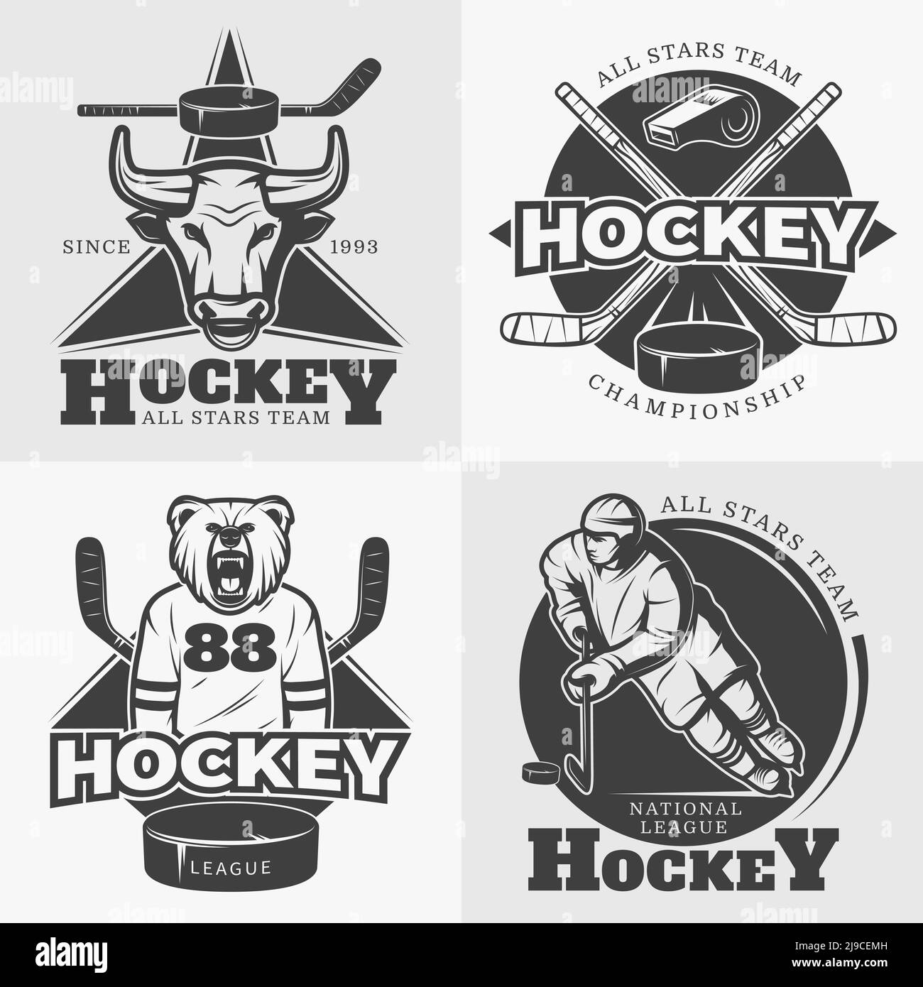 Eishockey Liga monochrome Komposition von vier dekorativen quadratischen Emblem Kompositionen Etiketten für alle Sterne Sport Team Vektor Illustration Stock Vektor
