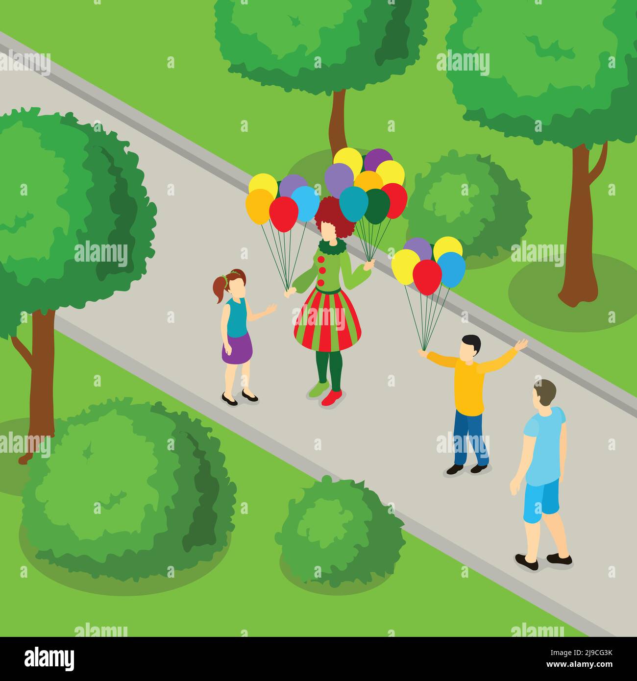 Urlaub im Park isometrisches Design mit Frau im Karnevalskostüm Geben von Ballons zu Kindern Vektor-Illustration Stock Vektor