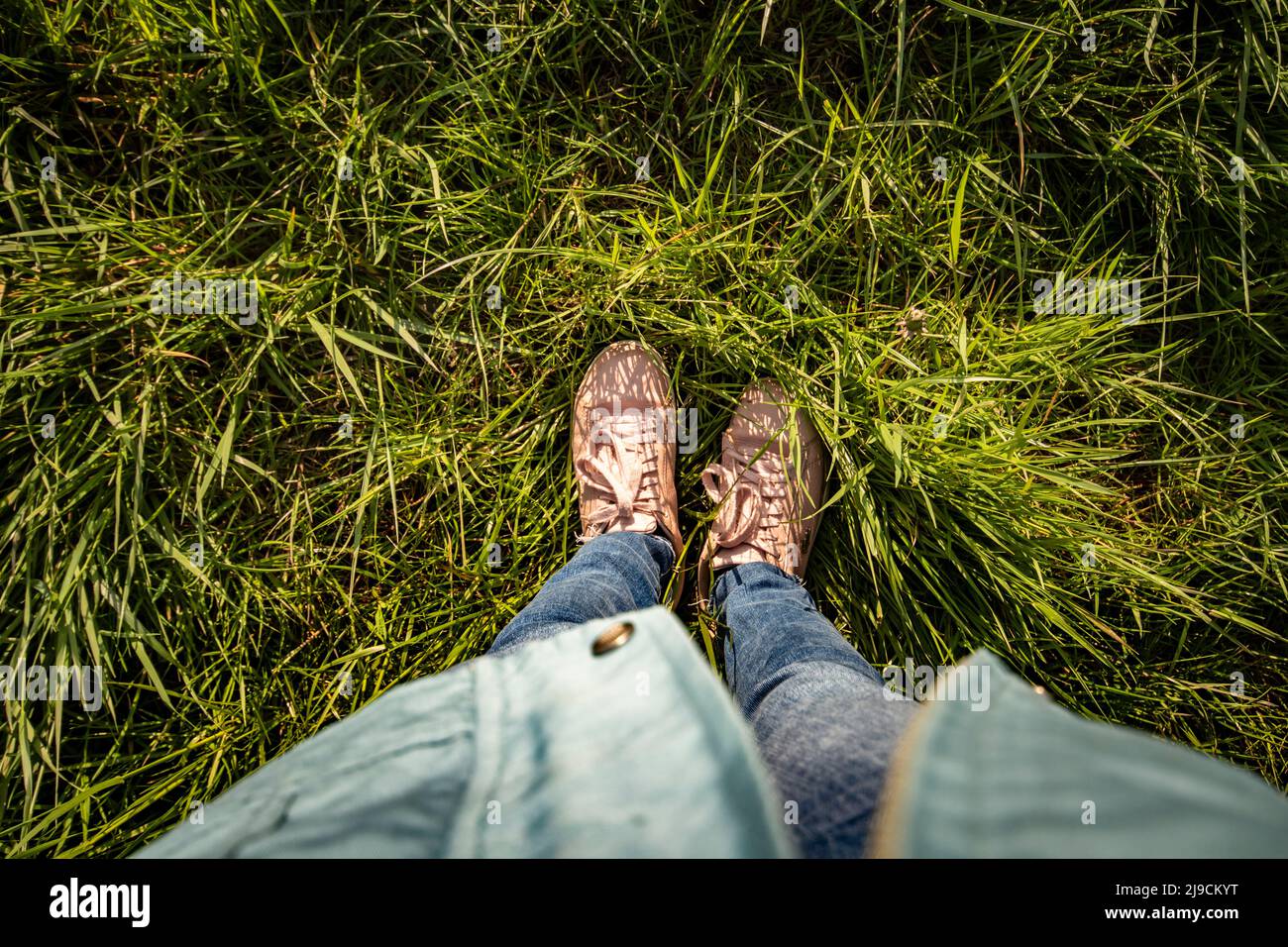Beine und Füße einer Person, die im hohen Gras steht Stockfoto