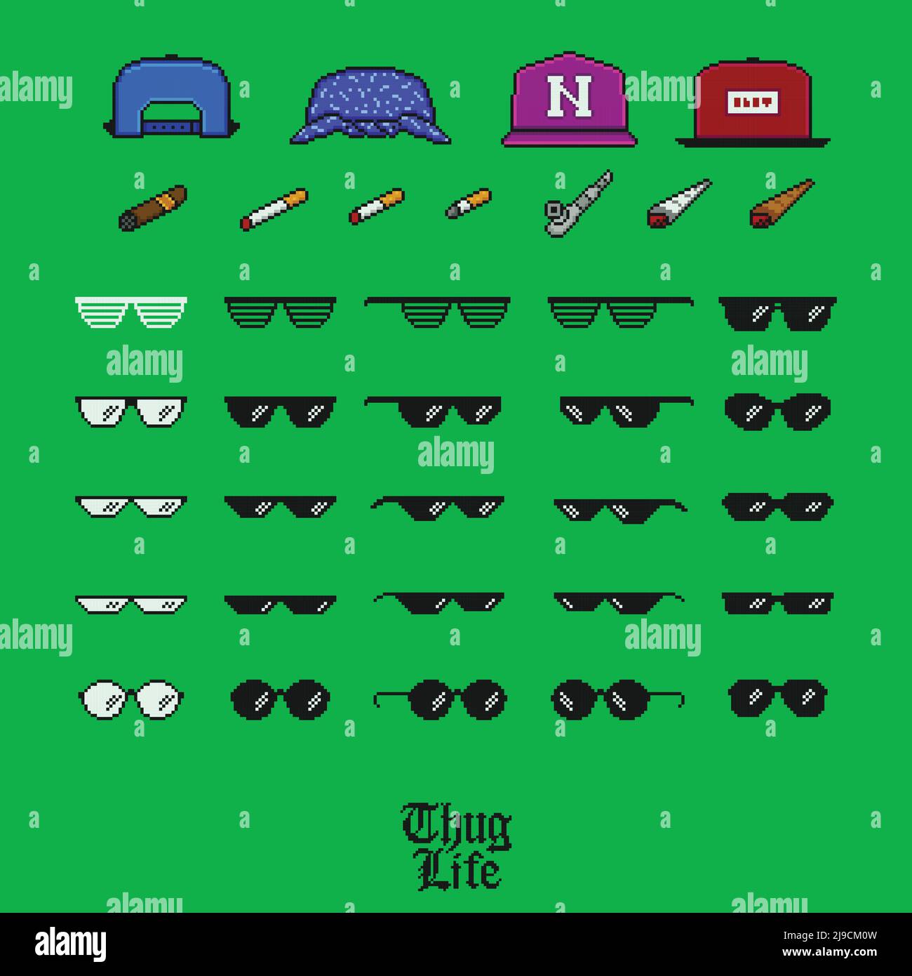 Pixelkunst wie Ein Vektor-Icon-Set von Boss Thug Life. Gläser, Zigaretten, Kappen auf grünem Bildschirm Chroma-Taste Hintergrund 8 Bit Stock Vektor