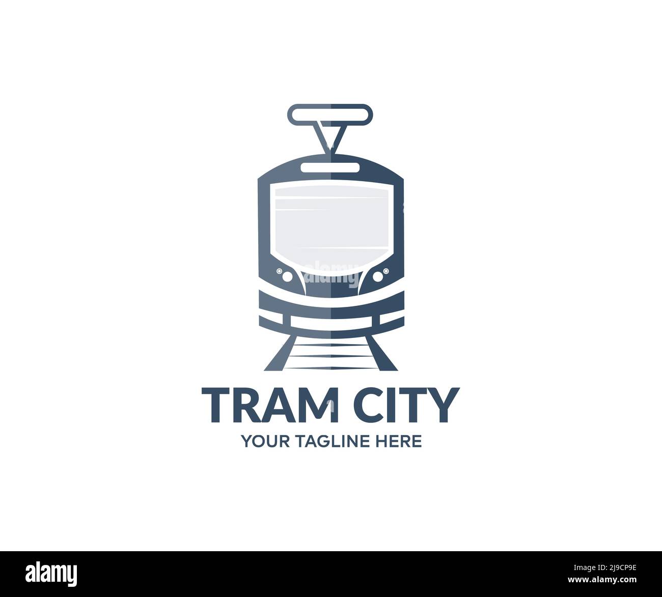 Moderne Straßenbahn, City Straßenbahn fährt durch die Straßen der Stadt Logo-Design. Vektorgrafik und Illustration des öffentlichen Nahverkehrs. Stock Vektor
