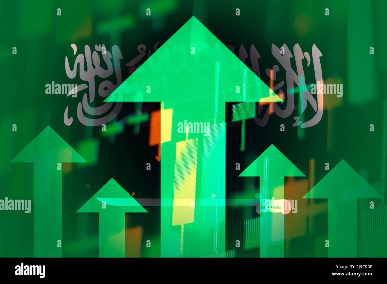 Steigende grüne Pfeile, die eine Verbesserung der Wirtschaft oder das Wachstum von Aktien an der Börse in Saudi-Arabien zeigen, April 2022, San Francisco, USA Stockfoto