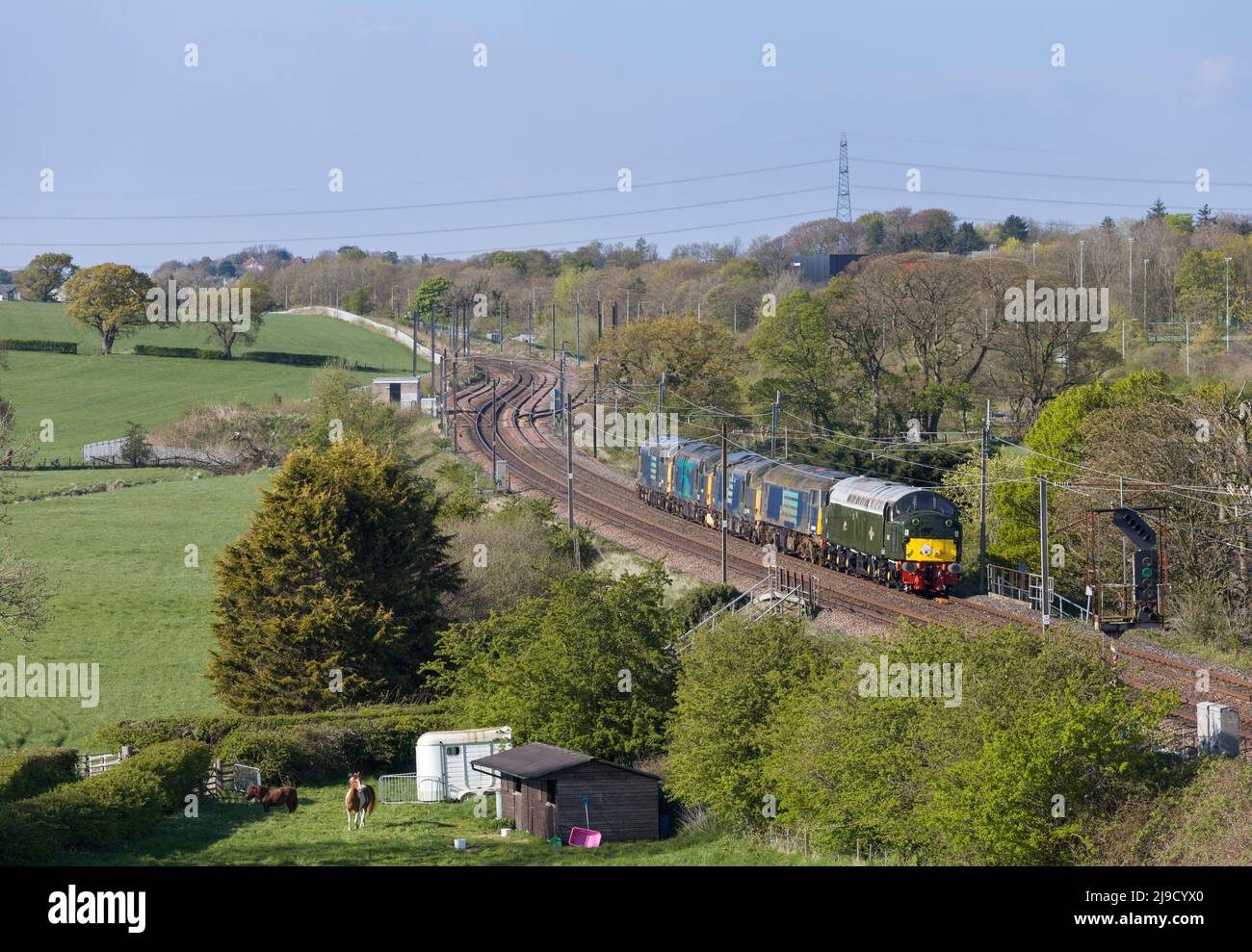 Erhaltene Diesellokomotive der Baureihe 40 40013 Andania, die 57004 + 37604 + 37609 + 37603 entlang der Hauptlinie der Westküste schleppt Stockfoto