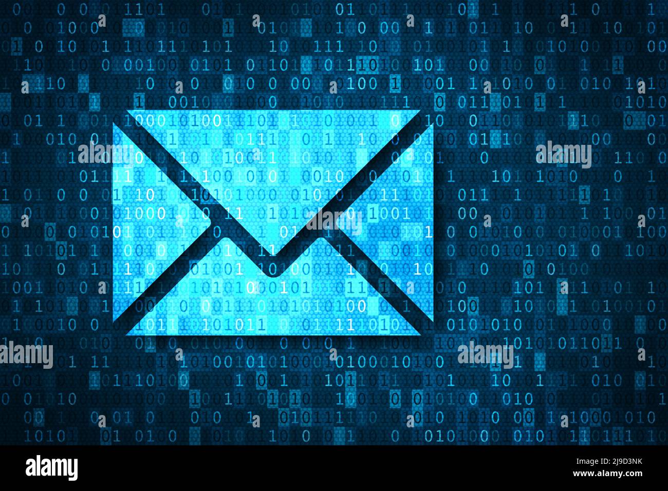 E-Mail- und Cyber-Sicherheitskonzept. Gefahren für Phishing, Hacking, Viren und Kontodiebstahl. Abbildung mit blauem E-Mail-Symbol und Binärcode-Hintergrund. Stockfoto