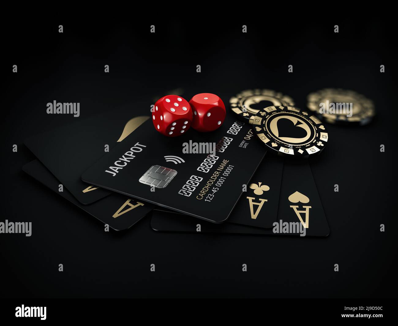 3D Rendering von Casino-Goldchips und schwarzen Spielkarten mit Bankkarte. Clipping-Pfad enthalten Stockfoto