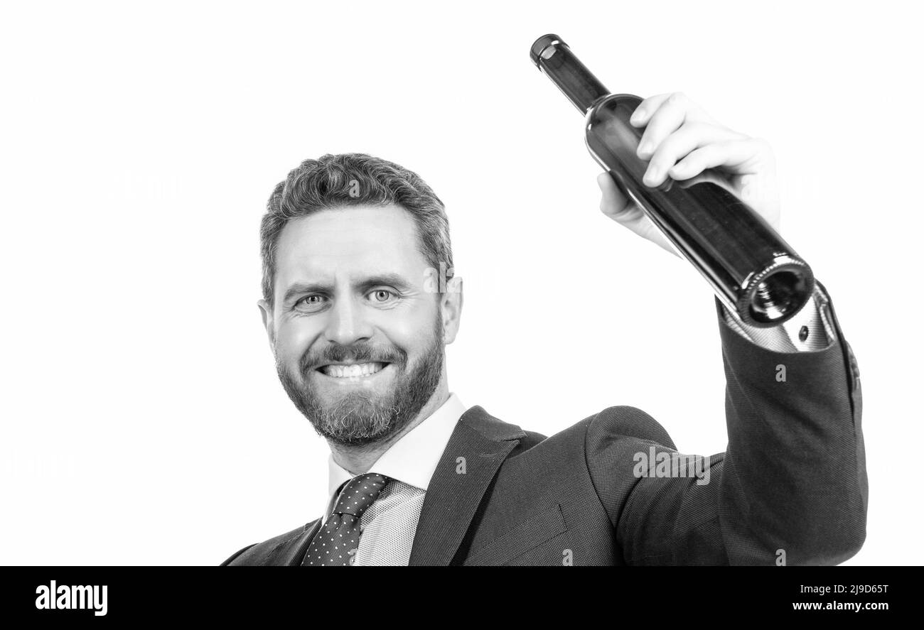 Glücklicher Geschäftsmann feiern Erfolg mit Wein isoliert auf weiß, Feier Stockfoto