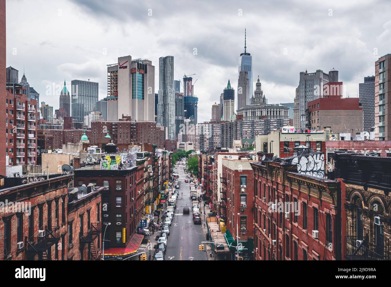 Chinatown und Downtown Manhattan in New York von der Manhattan Bridge Stockfoto