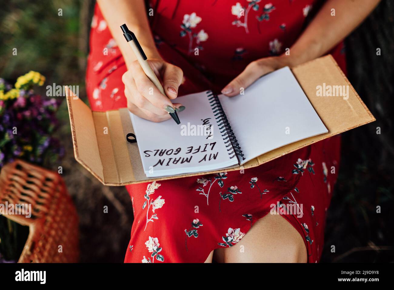 Die wichtigsten Lebensziele, wie man Lebensziele setzt und erreicht. Weibliche Hände schreiben in ein Notizbuch die Aufschrift My life goals Stockfoto