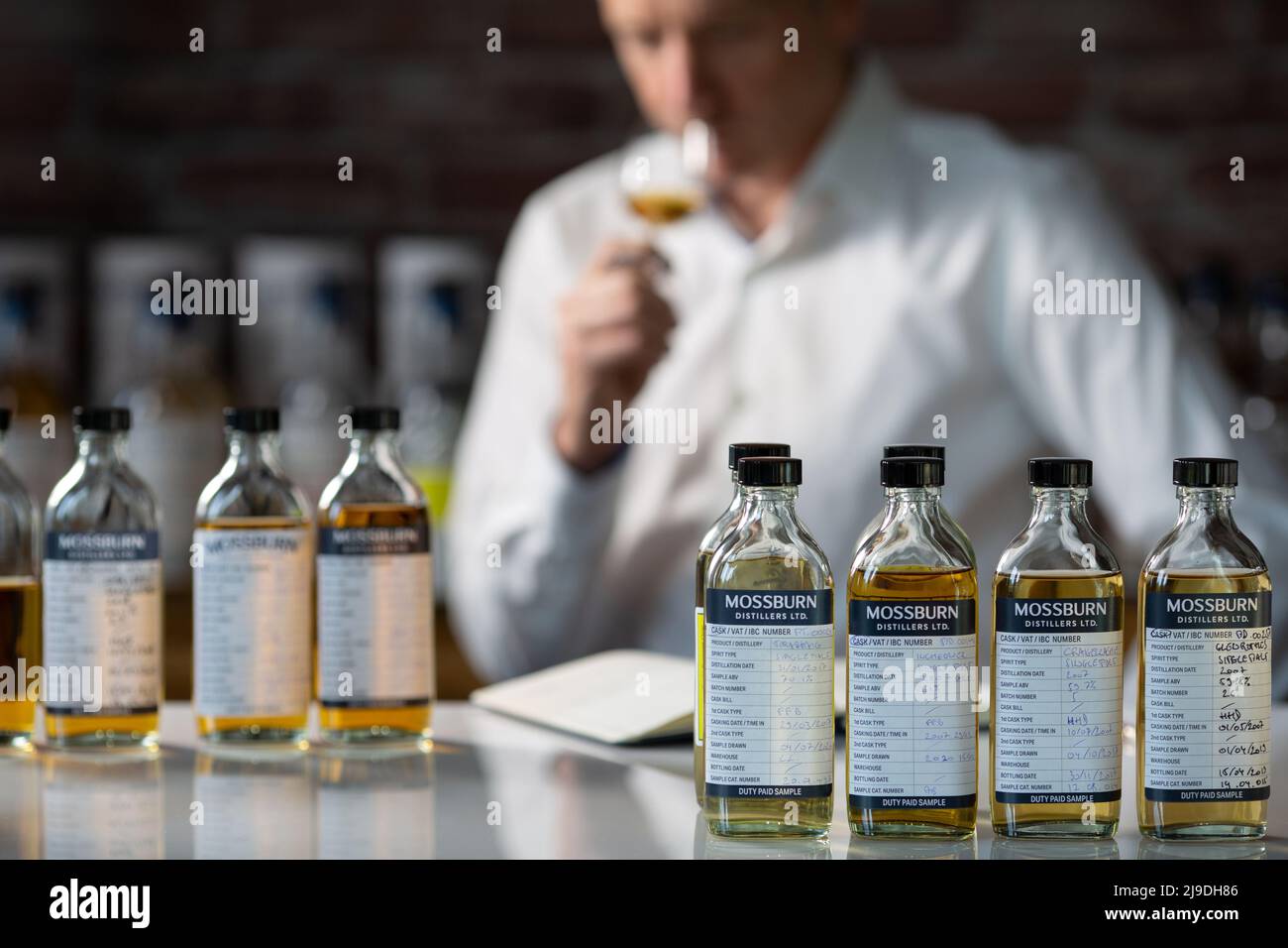 Single Malt Whisky Blending . Whisky Mixer zur Kenntnis nehmen Stockfoto