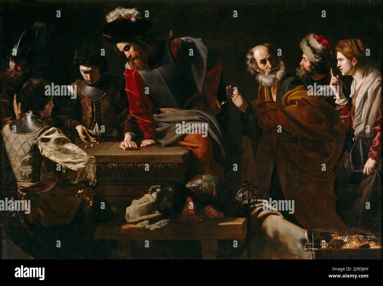 Der Denial of St Peter, gemalt von Nicolas Tournier. Dieses Bild zeigt die Szene, in der der hl. Petrus nach der Verhaftung Jesu leugnet, ihn zu kennen, wenn er von den Behörden verwechselt wird. Stockfoto