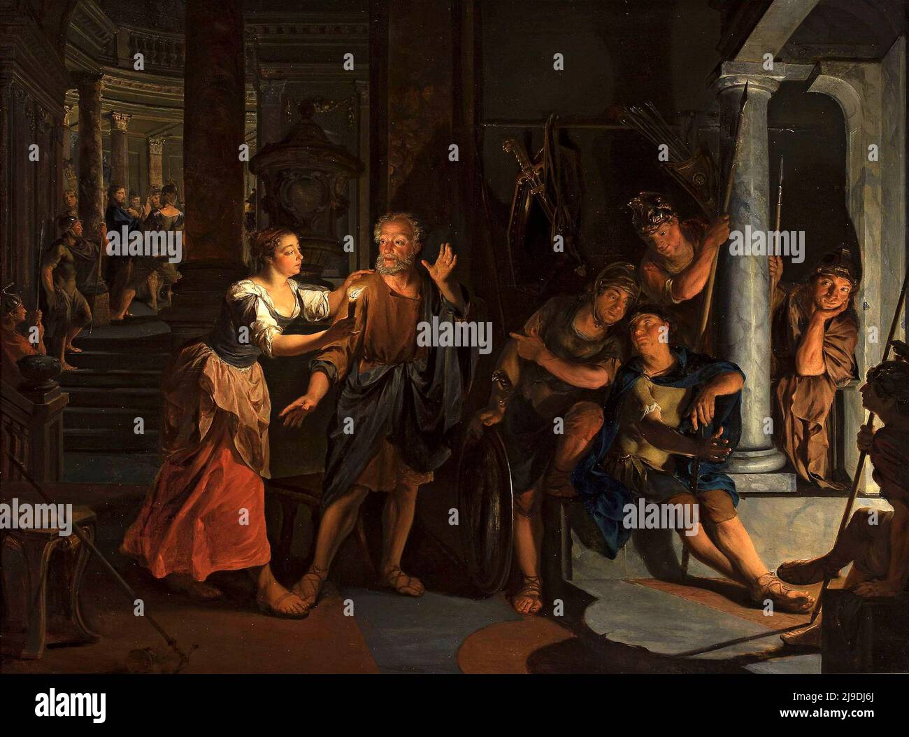 Die Denial of Saint Peter gemalt von Nikolaus Knüpfer. Dieses Bild zeigt die Szene, in der der hl. Petrus nach der Verhaftung Jesu leugnet, ihn zu kennen, wenn er von den Behörden verwechselt wird. Stockfoto