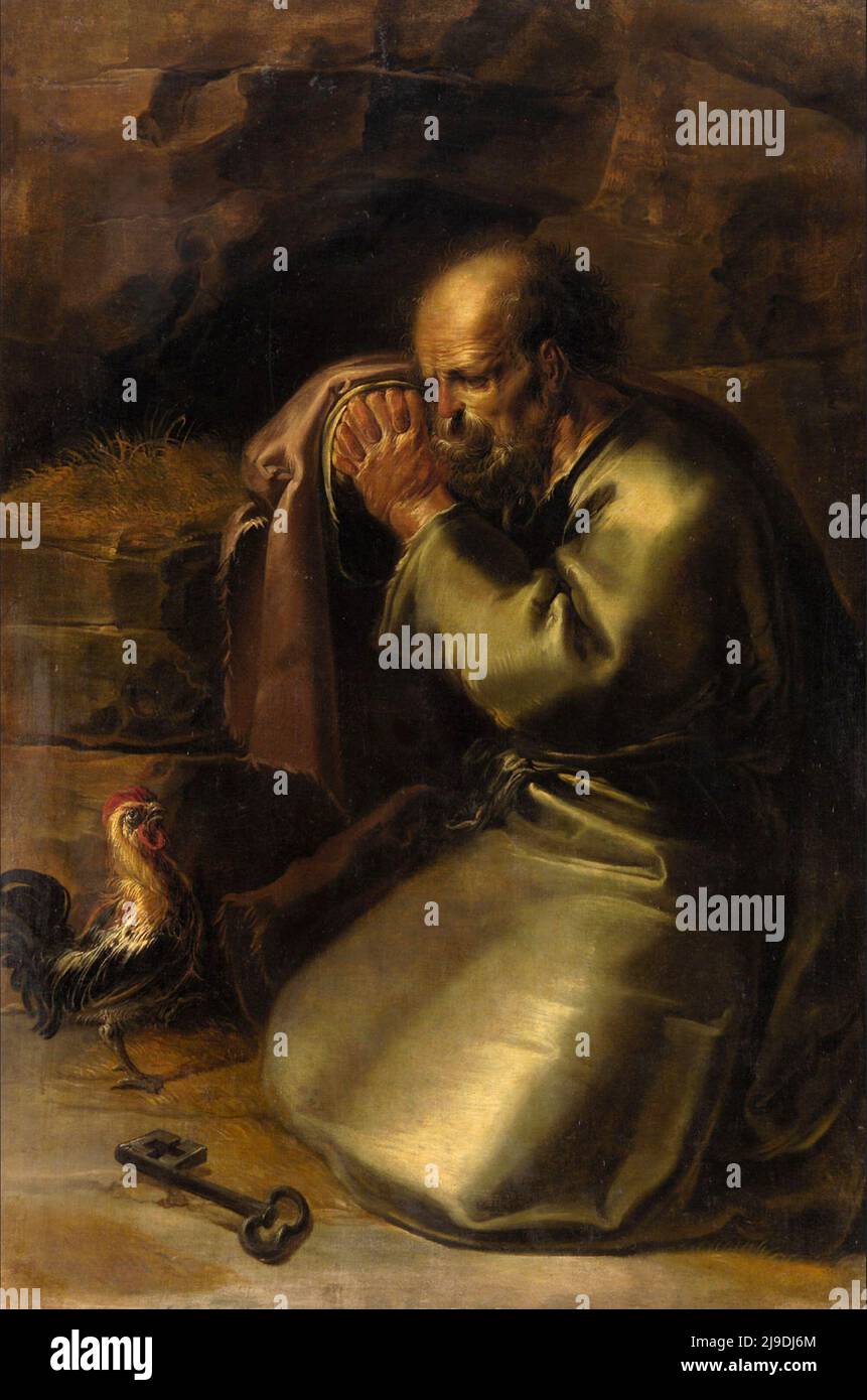 Die Verweigerung des heiligen Petrus, gemalt von Jan van der Venne.Dieses Bild zeigt die Szene, in der der heilige Petrus nach der Verhaftung Jesu leugnet, ihn zu kennen, wenn er von den Behörden konfondiert wurde. Stockfoto