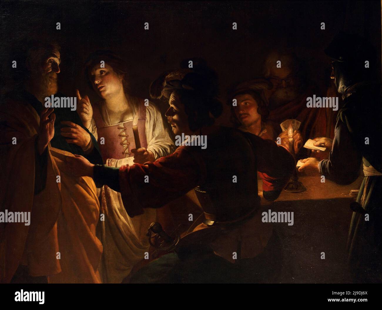 Der Denial of Saint Peter von Gerard van Honthorst. Dieses Bild zeigt die Szene, in der der hl. Petrus nach der Verhaftung Jesu leugnet, ihn zu kennen, wenn er von den Behörden verwechselt wird. Stockfoto