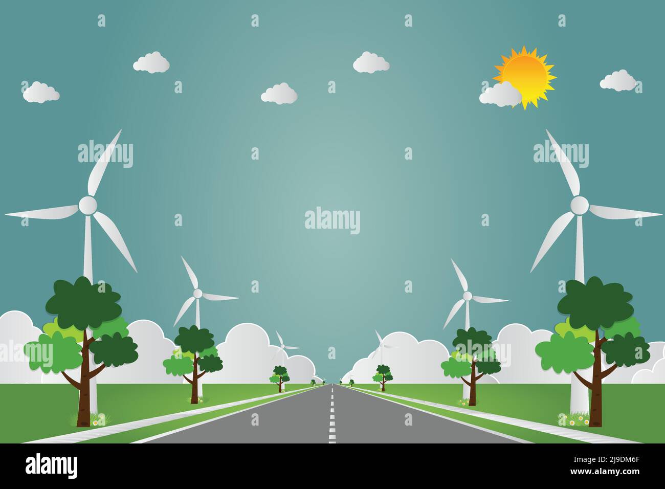 Windkraftanlagen mit Sonne saubere Energie mit Straße umweltfreundliche Konzept Ideen, Vektor-Illustration Stock Vektor